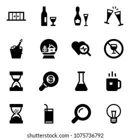 Solid vector icon set - automatic doors vector, wine, glasses, champagne, snowball house, heart diagnosis, no alcohol sign, sand clock, search money, flask, green tea, drink, magnifier, bulb