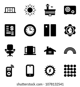 Solid vector icon set - automatic doors vector, sun, airport building, safe, account statement, time, pause, gear globe, office chair, home, rainbow, music player, mobile phone, power, circuit