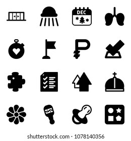 Solid vector icon set - automatic doors vector, shower, christmas calendar, lungs, stopwatch heart, flag, ruble, check, puzzle, list, arrow up, crown, flower, beanbag, soother, cube hole toy