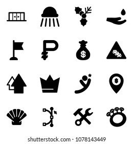 Solid vector icon set - automatic doors vector, shower, holly, drop hand, flag, ruble, money bag, multi lane traffic road sign, arrow up, crown, flying man, atm map pin, shell, bezier, wrench hammer