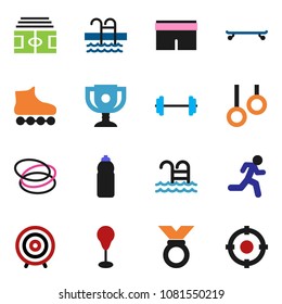 solid vector icon set - award cup vector, target, barbell, stadium, punching bag, shorts, roller Skates, skateboard, medal, water bottle, pool, hoop, gymnast rings, run