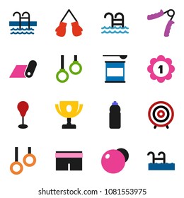 solid vector icon set - award cup vector, target, hand trainer, punching bag, fitball, boxing glove, shorts, medal, sports nutrition, water bottle, fitness mat, pool, gymnast rings