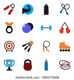 solid vector icon set - award cup vector, barbell, weight, jump rope, hand trainer, punching bag, muscle, boxing glove, roller Skates, target, medal, water bottle, shuttlecock, hoop