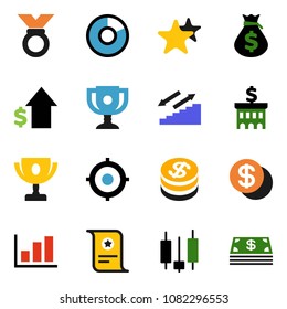 solid vector icon set - award cup vector, certificate, graph, pie, japanese candle, money bag, dollar growth, bank building, target, medal, stairways run, favorites, coin, cash