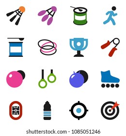 solid vector icon set - award cup vector, target, hand trainer, fitball, roller Skates, sports nutrition, water bottle, shuttlecock, hoop, gymnast rings, run, stadium