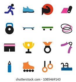 solid vector icon set - award cup vector, weight, hand trainer, punching bag, muscle, shorts, roller Skates, skateboard, medal, fitness mat, hoop, gymnast rings, run, pool