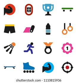 solid vector icon set - award cup vector, muscle hand, shorts, roller Skates, skateboard, medal, water bottle, fitness mat, shuttlecock, gymnast rings, run, stadium, target