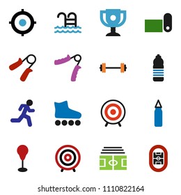 solid vector icon set - award cup vector, target, barbell, stadium, hand trainer, punching bag, roller Skates, water bottle, fitness mat, pool, run