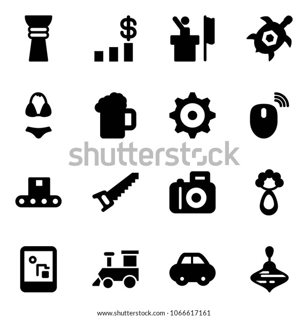 Solid\
vector icon set - award vector, dollar chart, speaker, sea turtle,\
swimsuit, beer, gear, mouse wireless, conveyor, saw, camera,\
beanbag, game console, toy train, car,\
wirligig