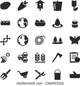 Solid vector icon set - ax flat vector, hiking pot, potato, carrot, salad, honeycomb, ear, nesting box, pitchfork, hose, secateurs, bucketful, garden wheelbarrow, tulip, seedlings, butterflies, drop