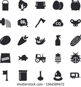 Solid vector icon set - ax flat vector, hiking pot, egg, flour, lemon, onion, carrot, hot peppers, cucumber, fish, jam, pineapple, seeds, tree, ladybird, tractor, hose irrigation, bench