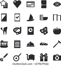 Solid vector icon set - ax flat vector, teflon, whisk, fridge, tomato, popcorn, hydroelectric power station, electric cars, book balance accounting, present, heart, eye, broken tooth, calendar