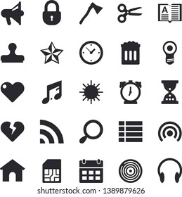 Solid vector icon set - ax flat vector, sun, SIM card, house, scissors, menu, broadcast, hourglass, calendar, stamp, mouthpiece, magnifier, trash can, clock, lock, heart, alarm, favorites, lamp