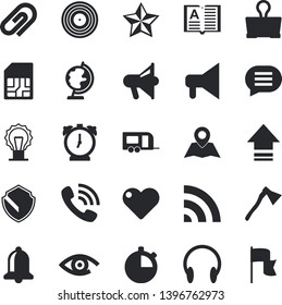 Solid vector icon set - ax flat vector, SIM card, phone call, trailer fector, security, bell, broadcast, upload, clip, binder, mouthpiece, chat, heart, alarm clock, favorites, eye, lamp, book, globe
