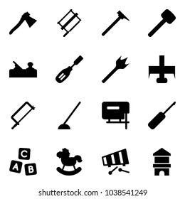 Solid vector icon set - axe vector, bucksaw, mason hammer, rubber, jointer, chisel, wood drill, milling cutter, metal hacksaw, hoe, jig saw, awl, abc cube, rocking horse, xylophone, toy block house