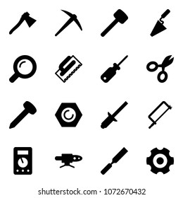 Solid vector icon set - axe vector, rubber hammer, trowel, magnifier, screwdriver, scissors, nail, nut, clinch, metal hacksaw, multimeter, pipe welding, rasp, gear