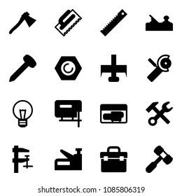 Solid vector icon set - axe vector, trowel, ruler, jointer, nail, nut, milling cutter, Angular grinder, bulb, jig saw, generator, wrench hammer, clamp, stapler, tool box, toy