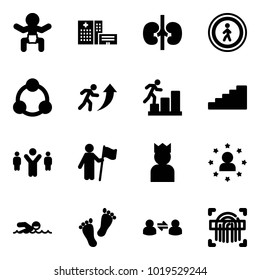 Solid vector icon set - baby vector, hospital building, kidneys, no pedestrian road sign, social, career, stairs, team leader, win, king, star man, swimming, feet, information exchange