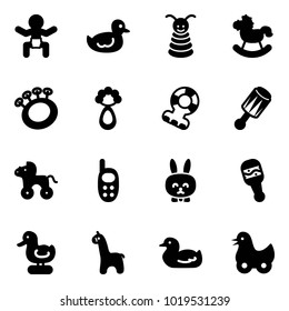 Solid vector icon set - baby vector, duck toy, pyramid, rocking horse, beanbag, teethers, wheel, phone, rabbit, giraffe