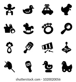 Solid vector icon set - baby vector, duck toy, car, dinosaur, shovel bucket, rocking horse, beanbag, xylophone, wirligig, unicorn stick