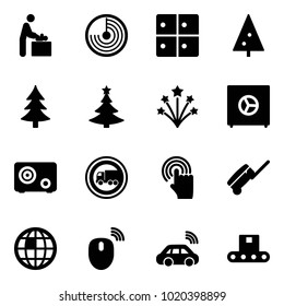 Solid vector icon set - baby room vector, radar, baggage, christmas tree, firework, safe, no truck road sign, hand cursor, suitcase, globe, mouse wireless, car, conveyor