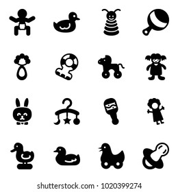 Solid vector icon set - baby vector, duck toy, pyramid, beanbag, teethers, wheel horse, doll, rabbit, carousel, soother