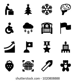 Solid vector icon set - baby room vector, christmas tree, snowflake, brain, disabled, money rain, chest, flag, rise, star medal, bank building, strawberry, fingerprint scanner, tile drill, bear toy
