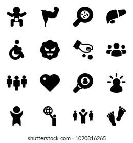 Solid vector icon set - baby vector, power hand, bacteria, liver, disabled, virus, investment, group, heart, head hunter, idea, success, world, team leader, feet