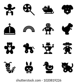 Solid vector icon set - baby vector, lollipop, santa sleigh, dog, crown, rainbow, robot, dinosaur toy, bear, wheel horse, doll, caterpillar, rabbit, duck, cat