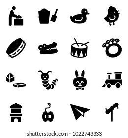 Solid vector icon set - baby room vector, bucket scoop, duck toy, chicken, tambourine, crocodile, drum, beanbag, constructor blocks, caterpillar, rabbit, train, block house, yoyo, paper plane