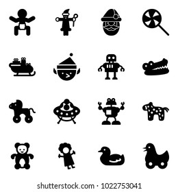 Solid vector icon set - baby vector, santa claus, lollipop, sleigh, christmas elf, robot, crocodile, wheel horse, ufo toy, bear, doll, duck