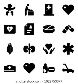 Solid vector icon set - baby vector, room, first aid, heart, kit, patient card, pill, pills, drop counter, kidneys, care, ambulance star, doctor hat, uv cream, lawn mower