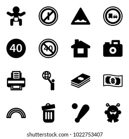 Solid vector icon set - baby vector, no parkin odd, rough road sign, truck overtake, minimal speed limit, end, home, camera, printer, world, dollar, money, rainbow, trash bin, baseball bat