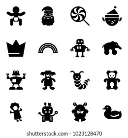 Solid vector icon set - baby vector, santa claus, lollipop, christmas elf, crown, rainbow, robot, elephant wheel, doll, toy caterpillar, bear, monster, duck