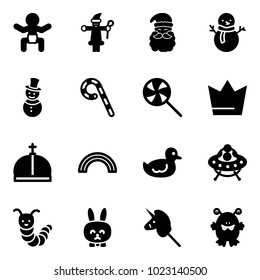 Solid vector icon set - baby vector, santa claus, snowman, lollipop, crown, rainbow, duck toy, ufo, caterpillar, rabbit, unicorn stick, monster