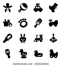 Solid vector icon set - baby vector, beanbag, car toy, dinosaur, shovel bucket, rabbit, train, wirligig, duck