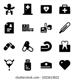 Solid vector icon set - baby vector, first aid room, kit, doctor bag, patient card, hospital building, tonometer, thermometer, pills, mri, tooth, bladder, bottle, hat, heart