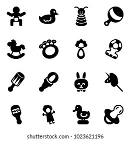 Solid vector icon set - baby vector, duck toy, pyramid, beanbag, rocking horse, teethers, rabbit, unicorn stick, doll, soother