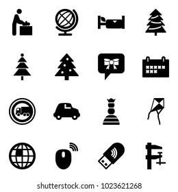 Solid vector icon set - baby room vector, globe, hotel, christmas tree, bow message, schedule, no truck road sign, car, chess queen, kite, mouse wireless, usb wi fi, clamp