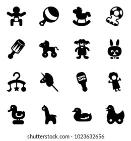 Solid vector icon set - baby vector, beanbag, rocking horse, teethers, wheel, doll, toy rabbit, carousel, unicorn stick, duck, giraffe