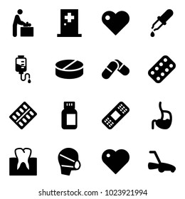 Solid vector icon set - baby room vector, first aid, heart, pipette, drop counter, pill, pills, blister, bottle, medical patch, stomach, tooth, mask, lawn mower