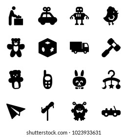 Solid vector icon set - baby room vector, car toy, robot, chicken, bear, cube, truck, hammer, phone, rabbit, carousel, paper plane, windmill, monster
