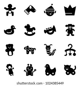 Solid vector icon set - baby vector, dog, christmas elf, crown, duck toy, rocking horse, horn, doll, bear, caterpillar, carousel, robot, cat