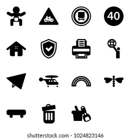 Solid vector icon set - baby vector, road for moto sign, no dangerous cargo, minimal speed limit, home, shield check, printer, world, paper fly, helicopter, rainbow, dragonfly, skateboard, trash bin