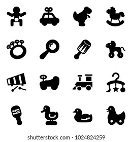 Solid vector icon set - baby vector, car toy, dinosaur, rocking horse, beanbag, wheel, xylophone, train, carousel, duck