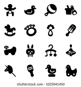 Solid vector icon set - baby vector, duck toy, beanbag, shovel bucket, rocking horse, car, rabbit, carousel, wirligig, unicorn stick