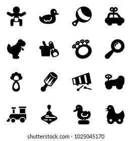 Solid vector icon set - baby vector, duck toy, beanbag, car, dinosaur, shovel bucket, xylophone, train, wirligig