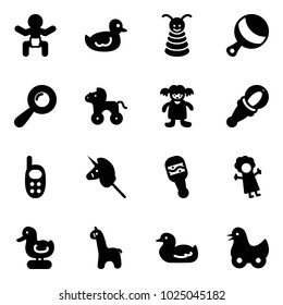 Solid vector icon set - baby vector, duck toy, pyramid, beanbag, wheel horse, doll, phone, unicorn stick, giraffe