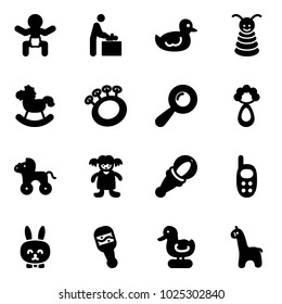 Solid vector icon set - baby vector, room, duck toy, pyramid, rocking horse, beanbag, wheel, doll, phone, rabbit, giraffe