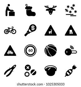 Solid vector icon set - baby room vector, christmas sock, deer, sale, bike, money torch, wild animals road sign, narrows, for moto, speed limit 60, ball, wireless key, pliers, rivet, protect glass